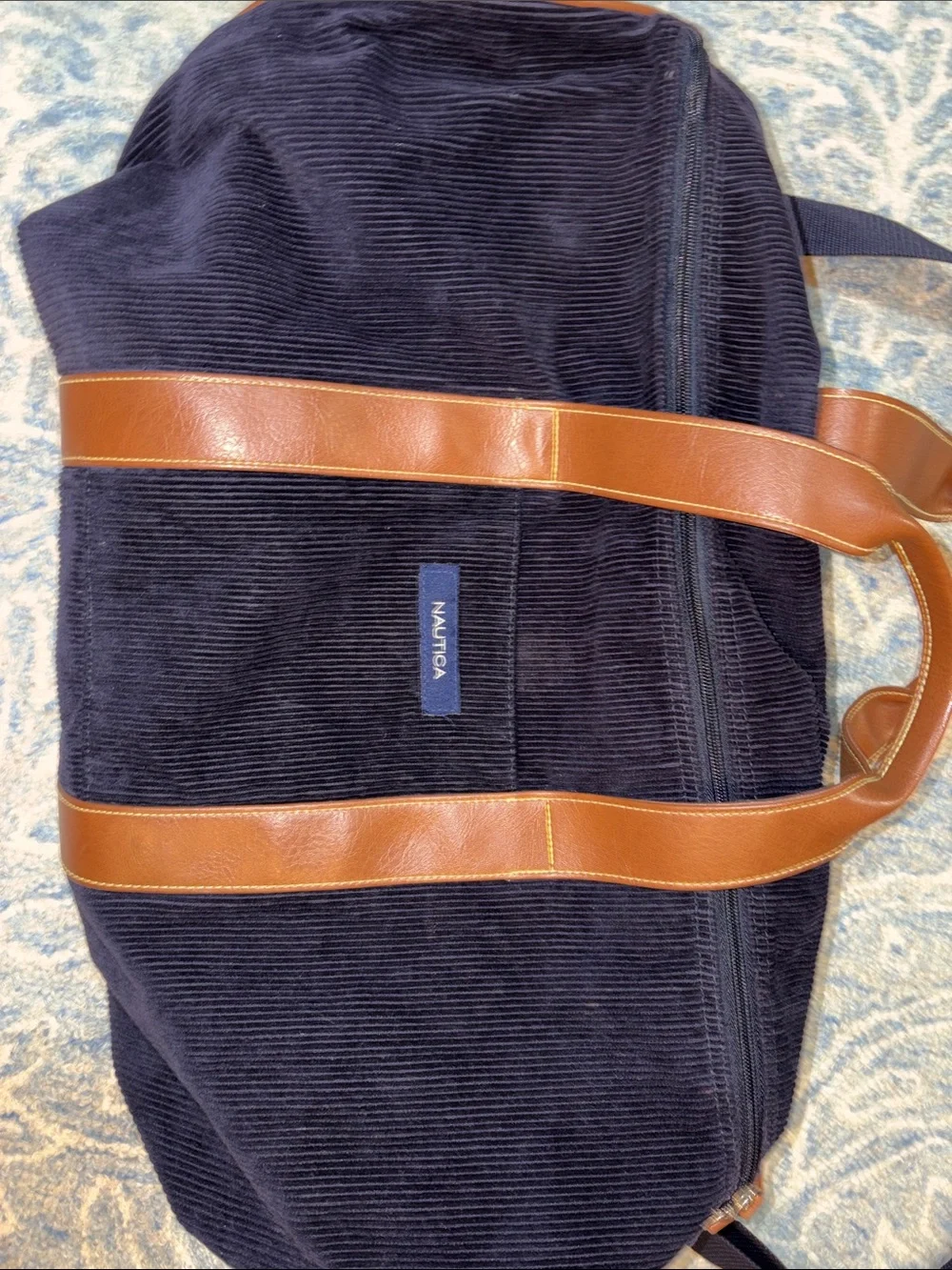 Nautica Navy Corduroy Duffel with Brown Trim and Strap